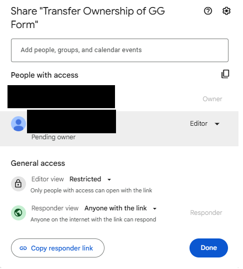 pending owner of google forms