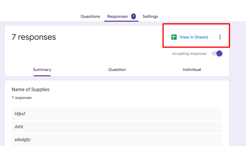 response of google forms in sheets